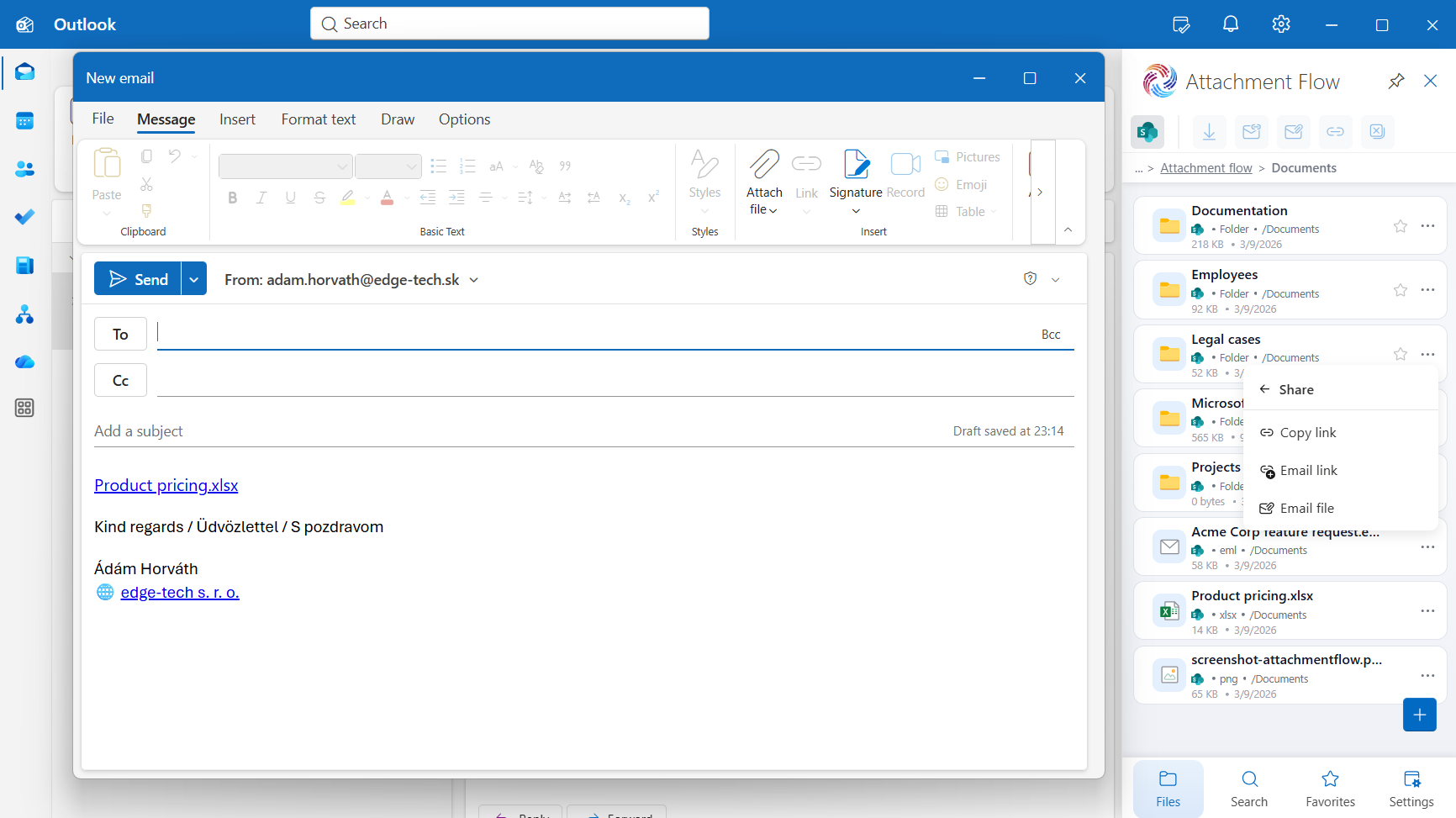 Sharing a secure file link in Outlook with Attachment Flow