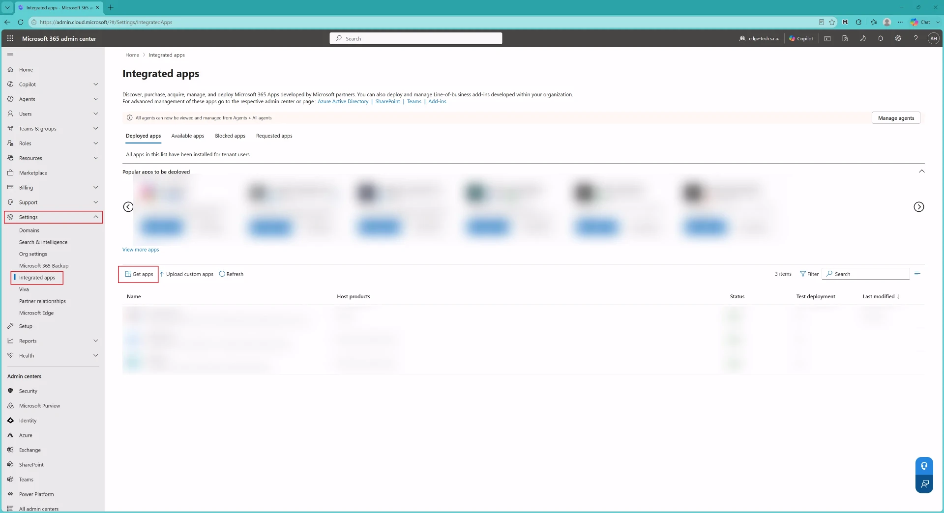 Microsoft 365 Admin Center Integrated apps page