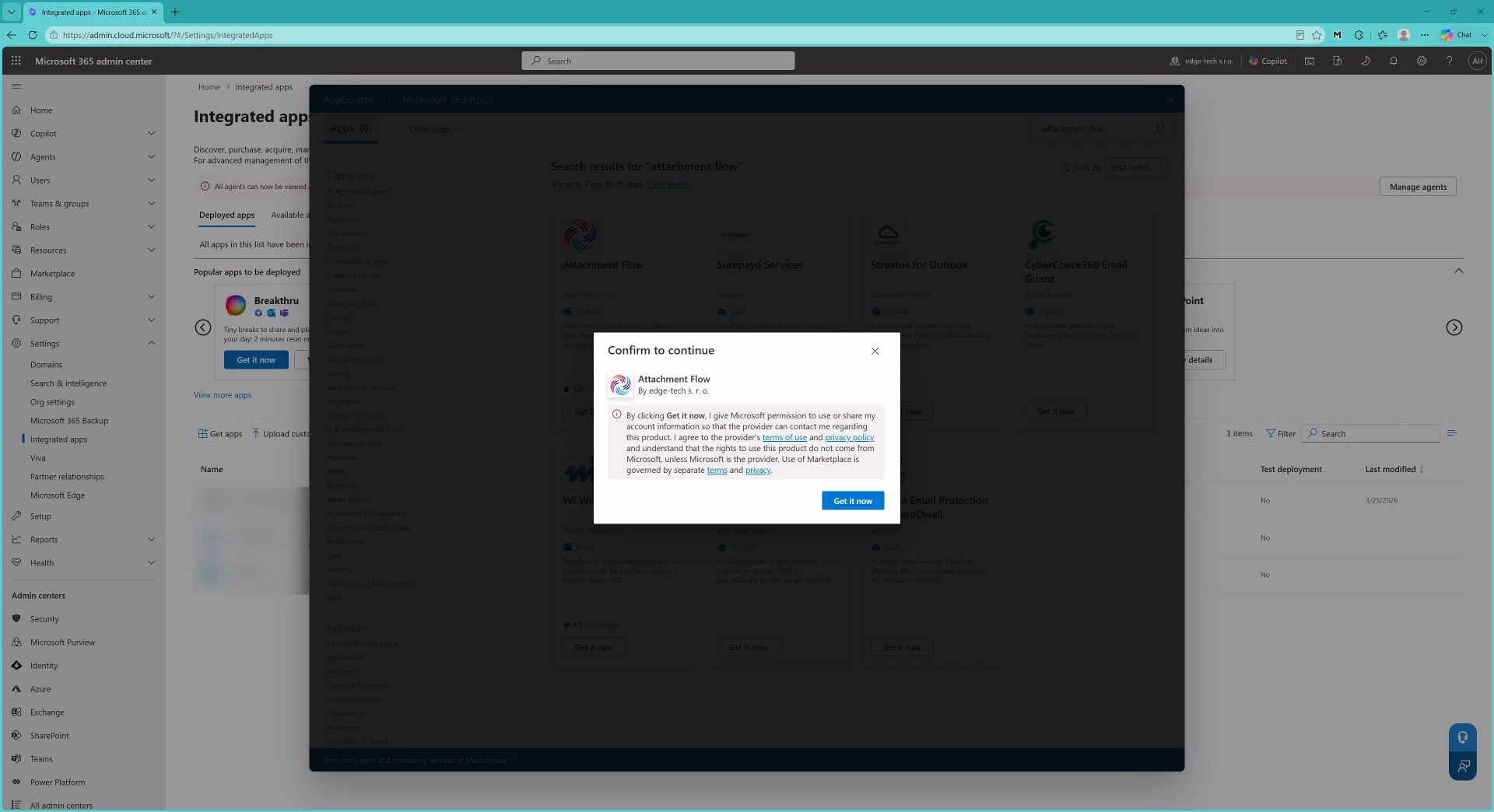 Get it now button for Attachment Flow in AppSource