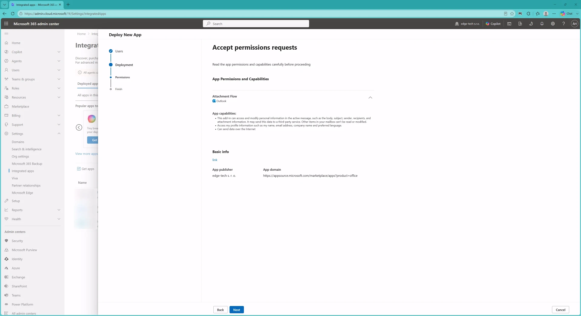 Deployment settings for assigning Attachment Flow to users