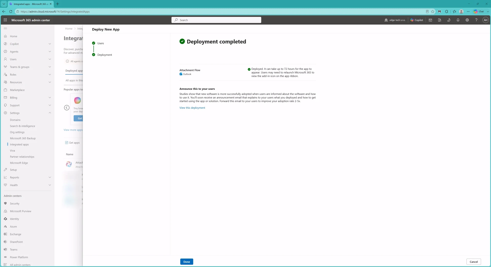 Finished deployment confirmation for Attachment Flow