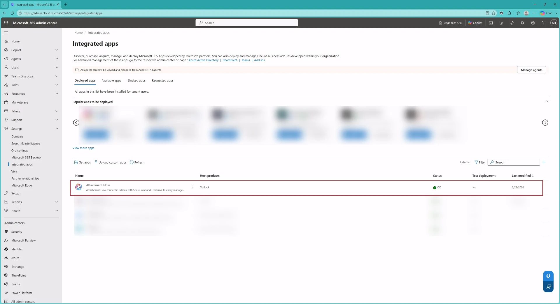 Attachment Flow installed application in Microsoft 365 Admin Center