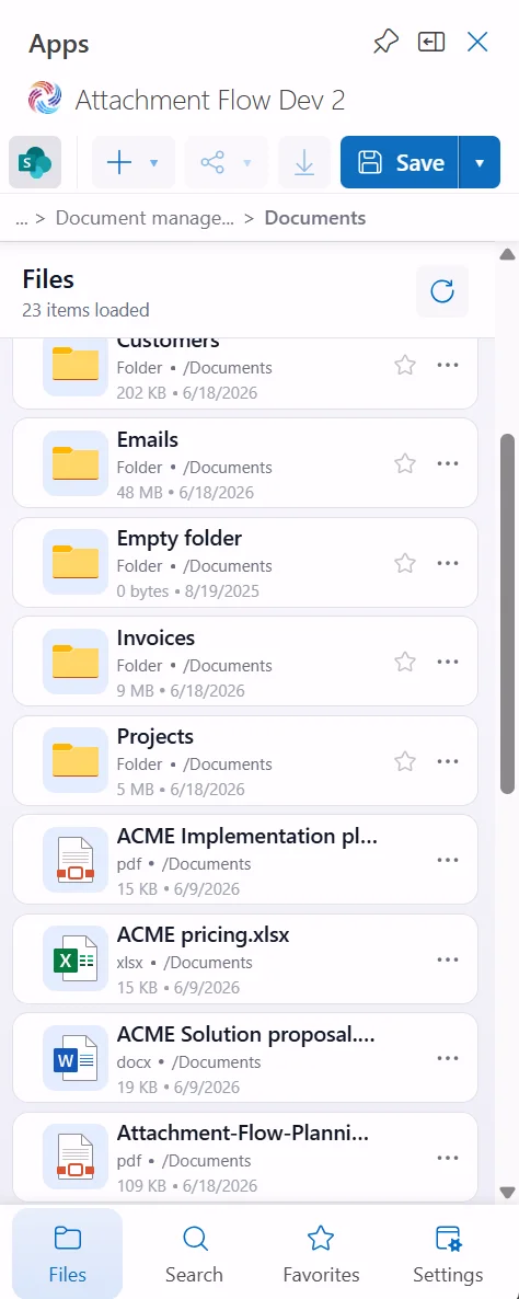 Attachment Flow file and folder list