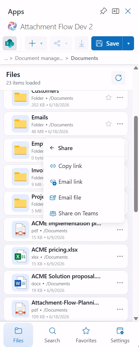Attachment Flow item share submenu