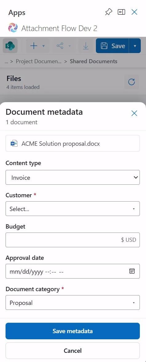 Attachment Flow edit metadata for one SharePoint document