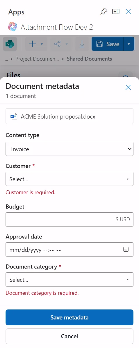 Attachment Flow required SharePoint metadata validation