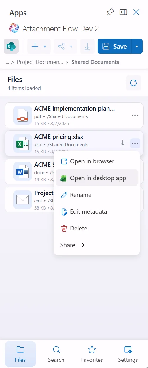 Attachment Flow open in desktop app menu action