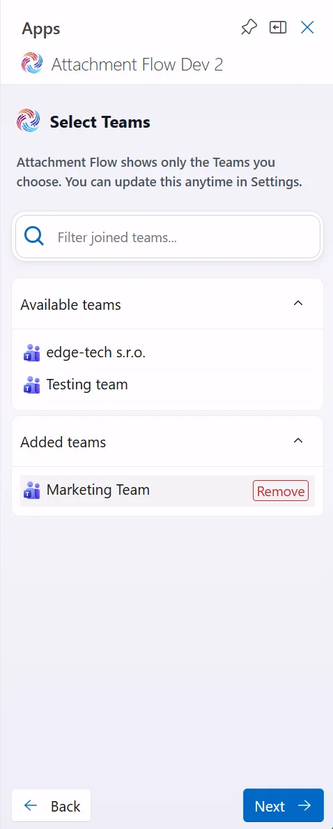Attachment Flow select Teams screen with selected team