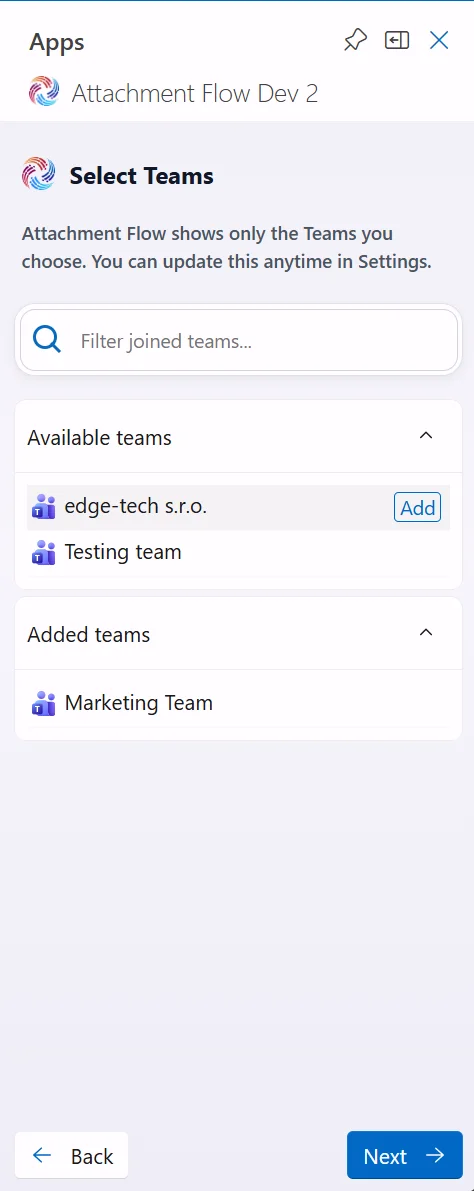 Attachment Flow select Teams screen with add action