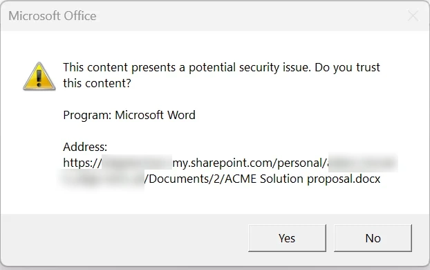 Microsoft Office security prompt for opening a SharePoint document