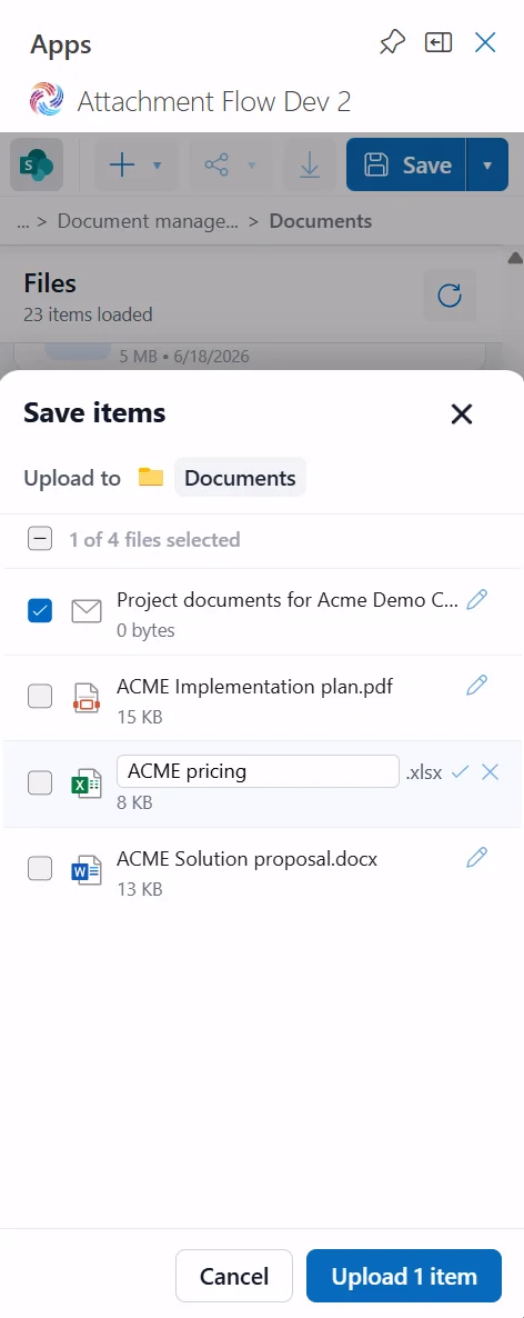 Attachment Flow rename item before saving