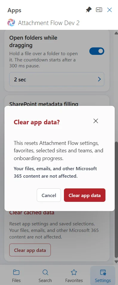Confirmation dialog explaining which app data will be reset