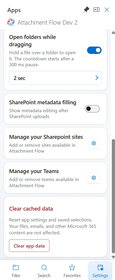 Clear app data button in Settings