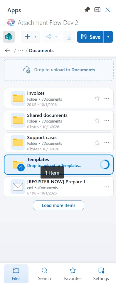Drop an item onto a child folder row