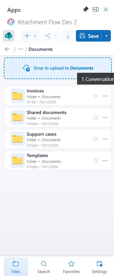 Drop an Outlook conversation onto the current folder upload area