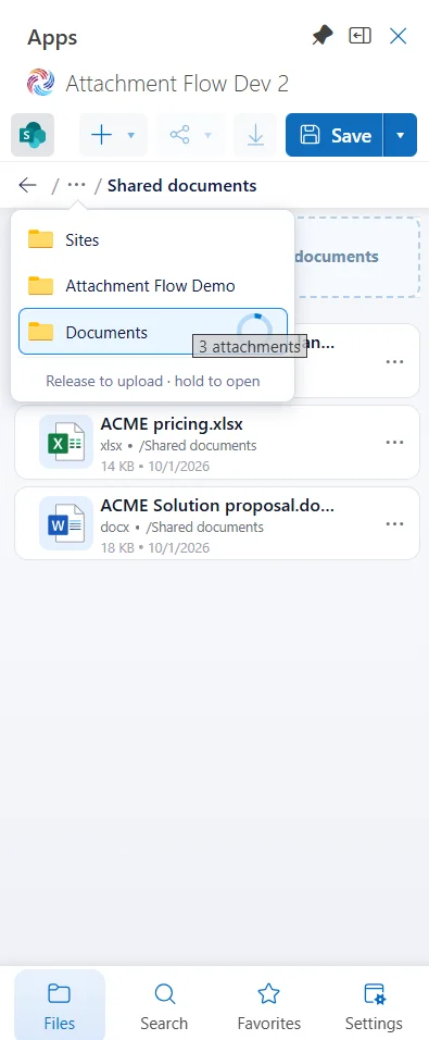 Hover over an ancestor folder to navigate or release to upload