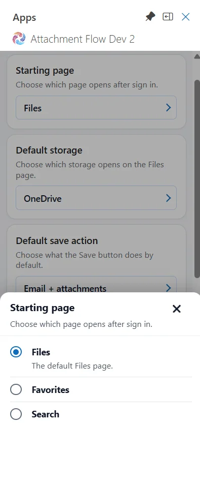 Starting page choices: Files, Favorites, and Search