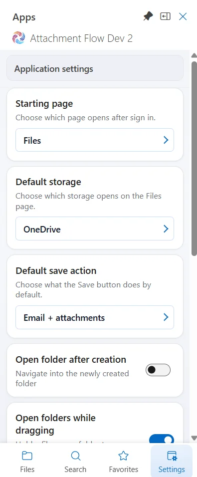 Starting page, default storage, and save action settings