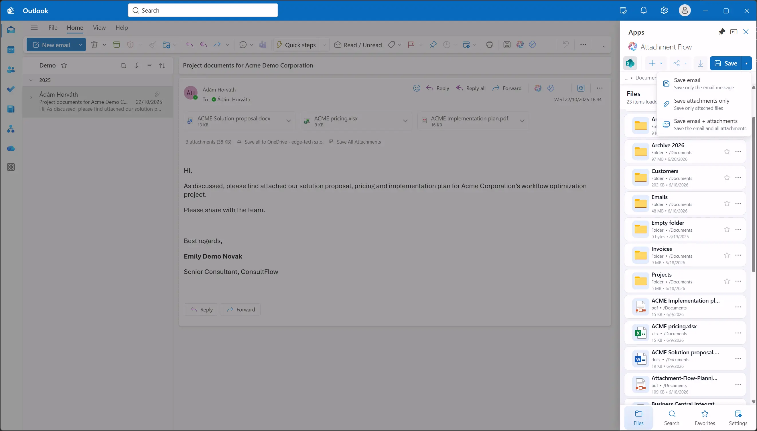 Attachment Flow save menu inside Outlook showing email and attachment options