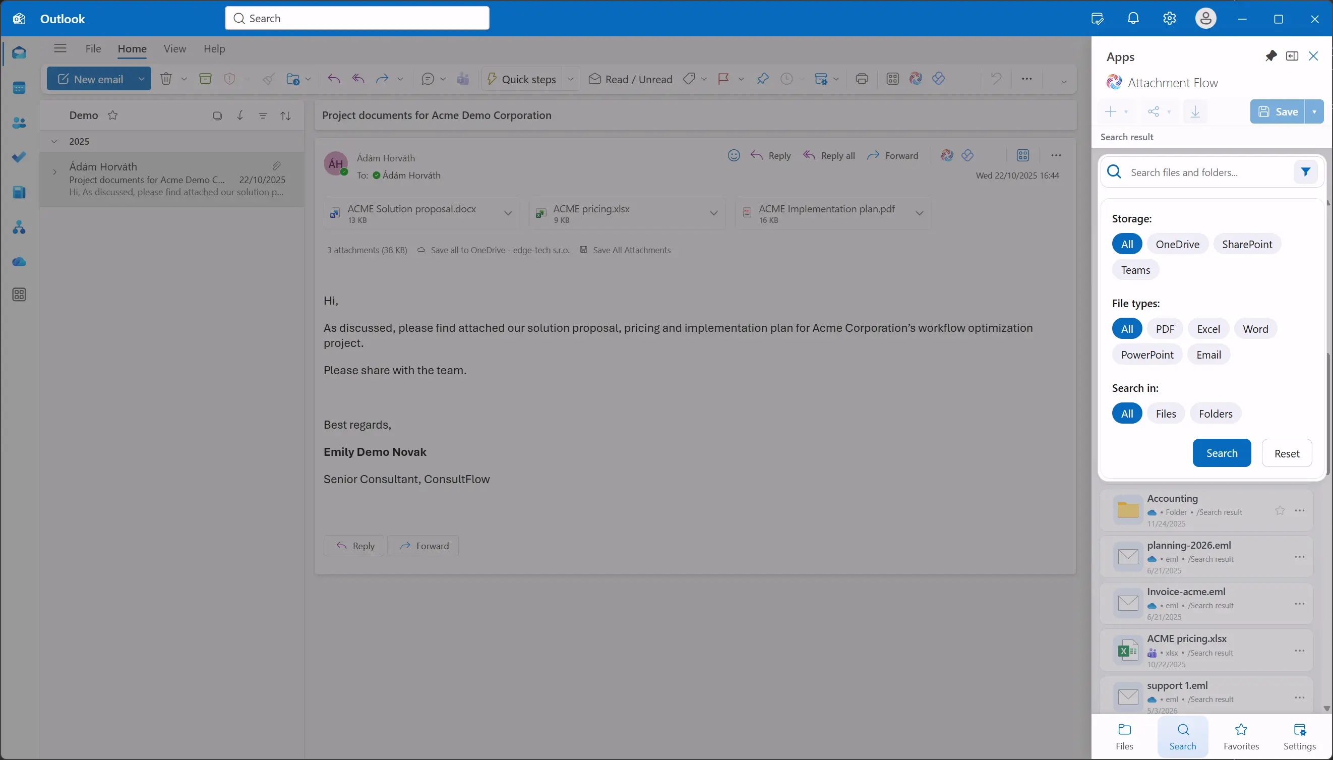 Attachment Flow search panel in Outlook with Microsoft 365 file results