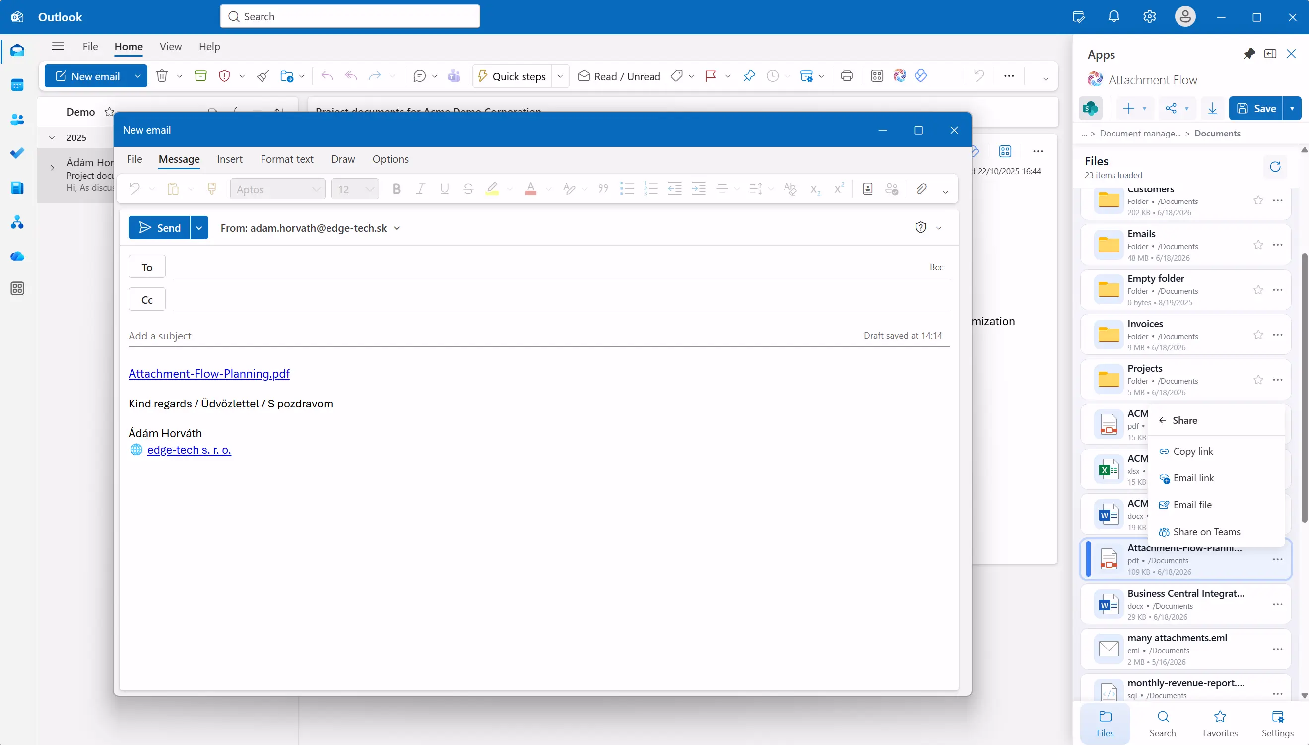 Attachment Flow sharing menu in Outlook with link and file options